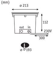 Technical drawing showing dimensions of round recessed housing Ø 213 mm, height 112 mm, 230V power cable 300 mm