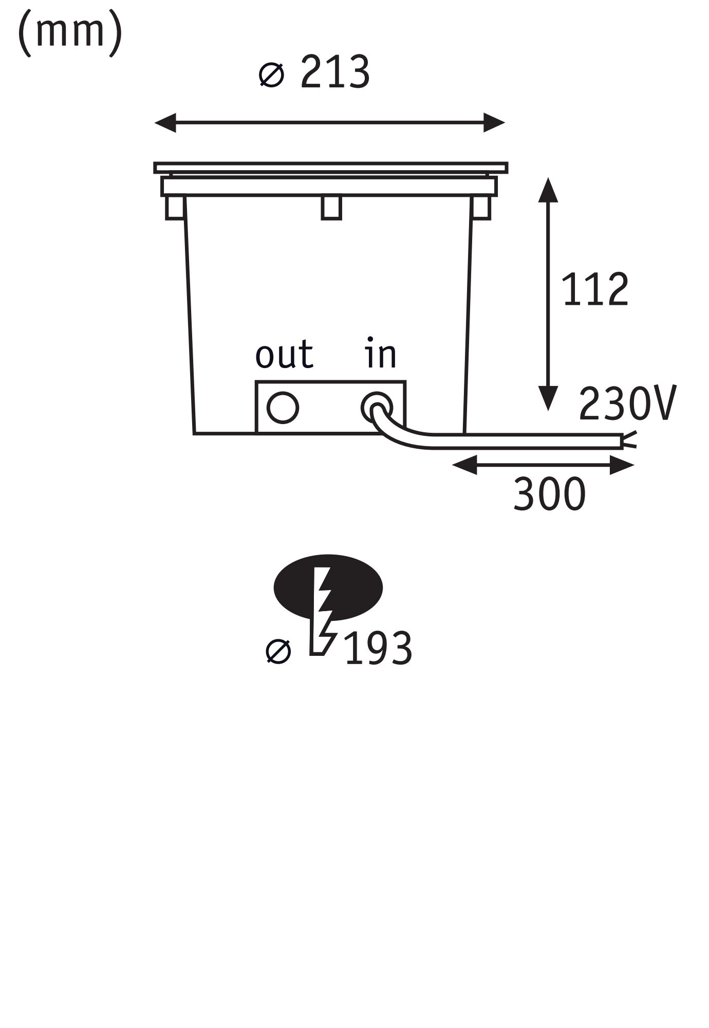 Technische Zeichnung mit Maßen eines runden Einbauleuchtgehäuses Ø 213 mm, Höhe 112 mm, 230V Anschlusskabel 300 mm