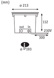 Technische Zeichnung mit Maßen eines runden Einbauleuchtgehäuses Ø 213 mm, Höhe 112 mm, 230V Anschlusskabel 300 mm