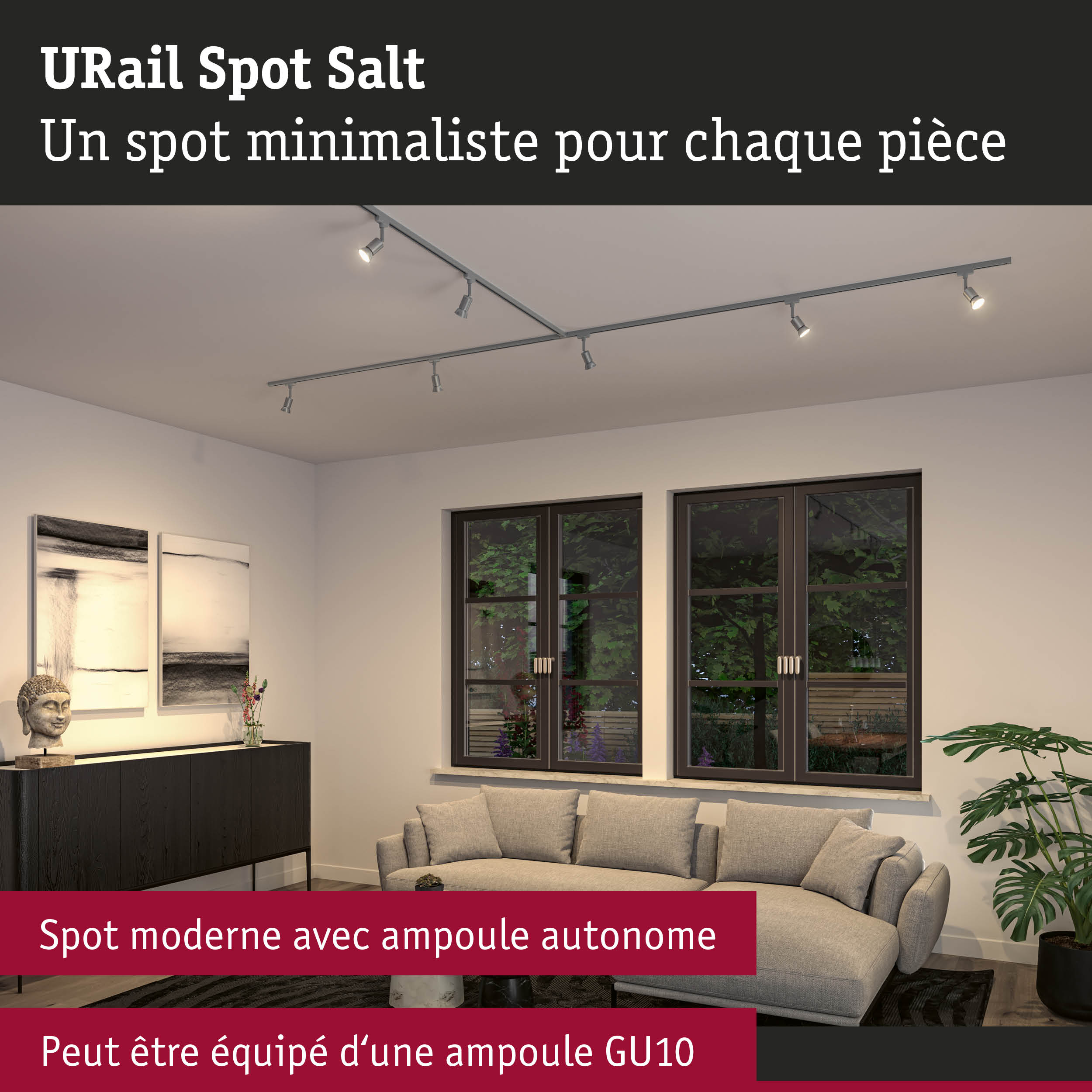 Spot URail Spot Salt gris minimaliste fixé au plafond, éclairage LED moderne pour salon
