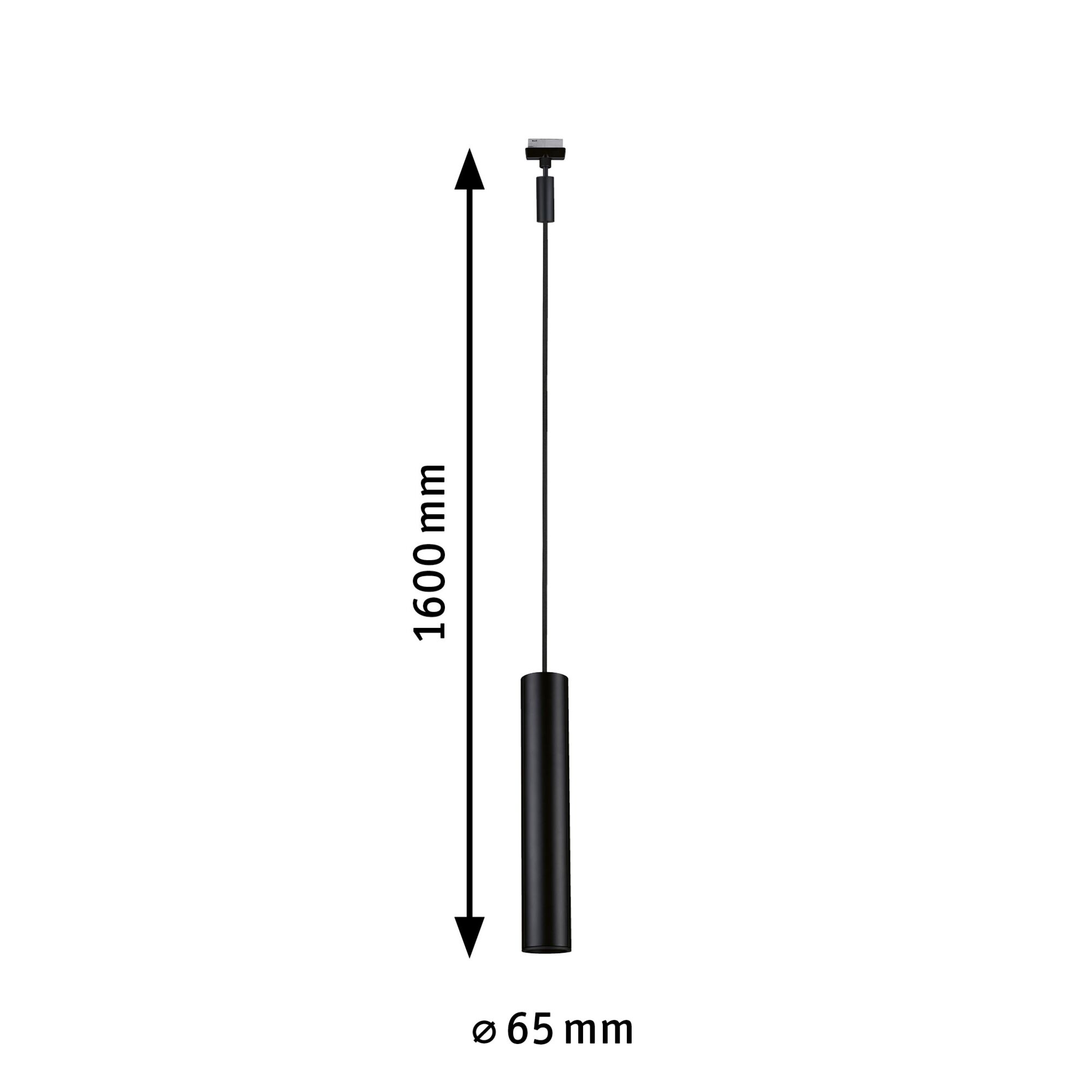 Black cylindrical metal pendant light, 1600 mm length, 65 mm diameter, modern LED lighting fixture