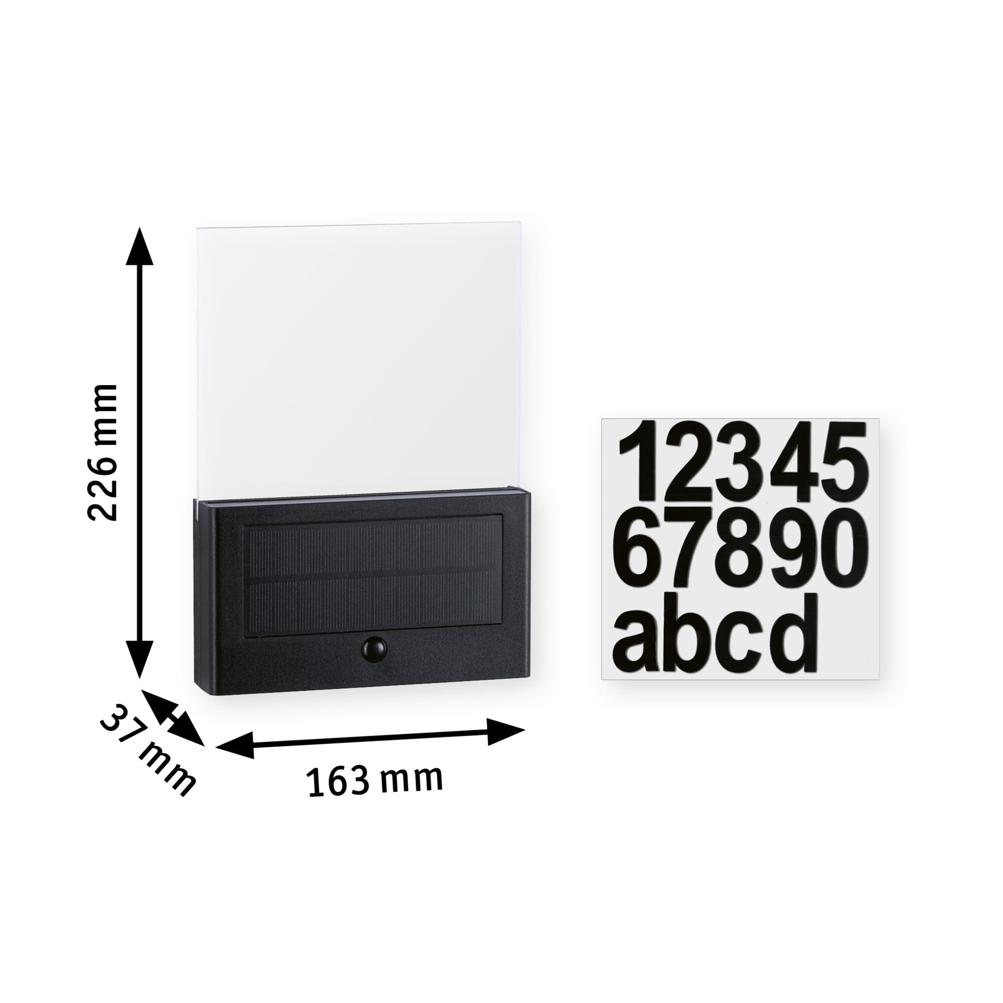 Zwart zonne-LED-huisnummerbord met transparant paneel en zwarte cijfers en letters stickers.