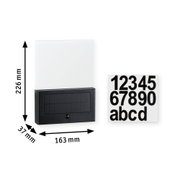 Black solar LED house number sign with transparent panel and black number and letter stickers.