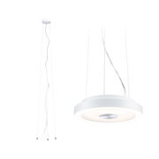 Moderne weiße LED-Pendelleuchte aus Metall mit rundem Design und dimmbarer Lichtquelle für Wohnräume