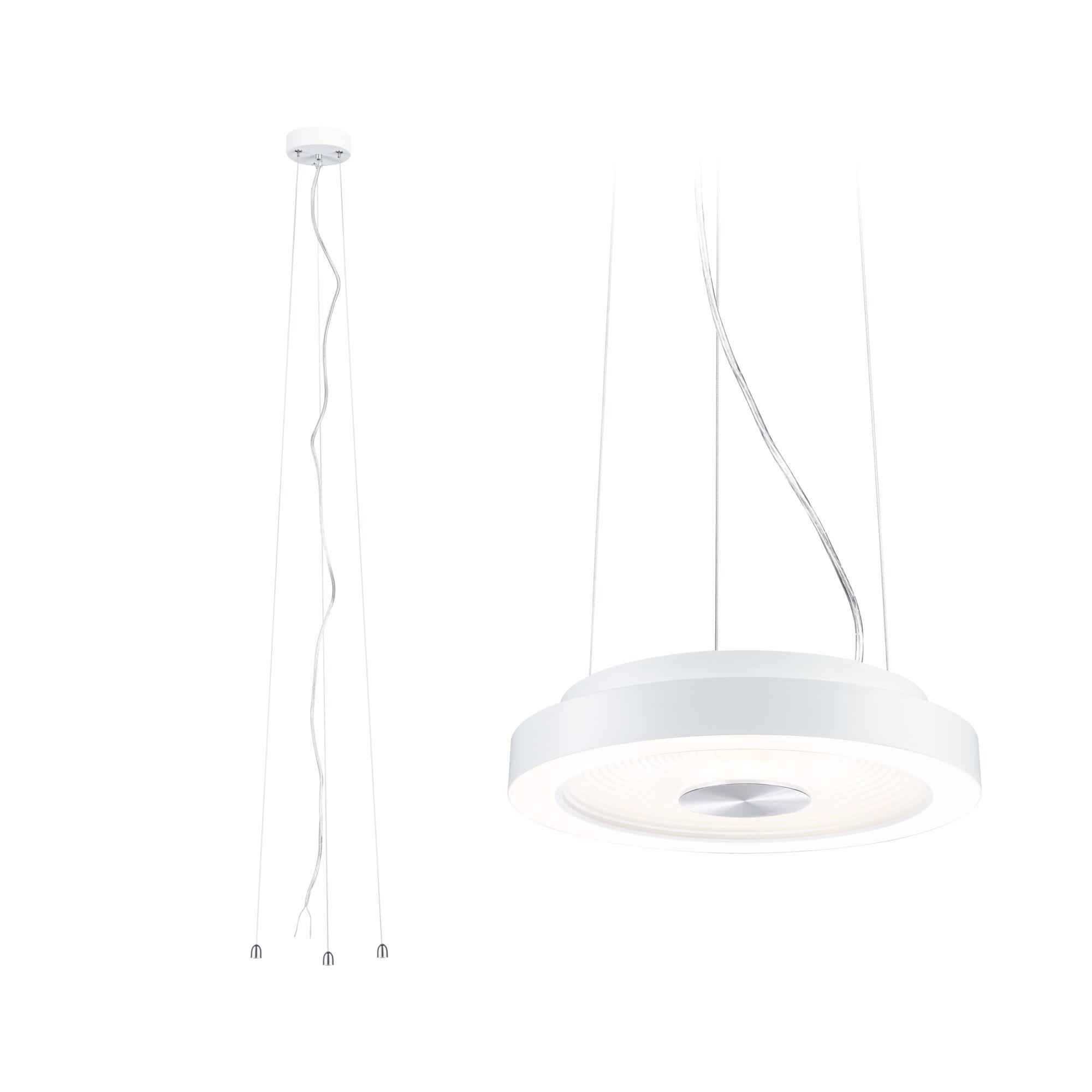 Moderne weiße LED-Pendelleuchte aus Metall mit rundem Design und dimmbarer Lichtquelle für Wohnräume
