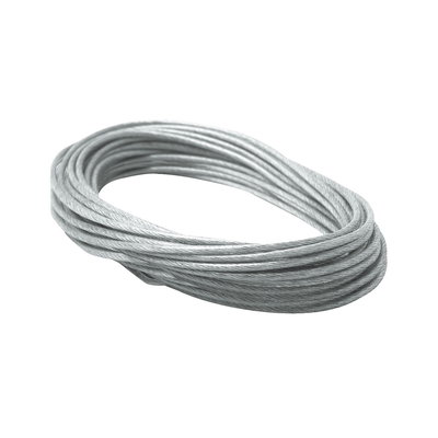 Câble en acier argenté enroulé pour systèmes d'éclairage, matériau robuste pour fixation sûre.