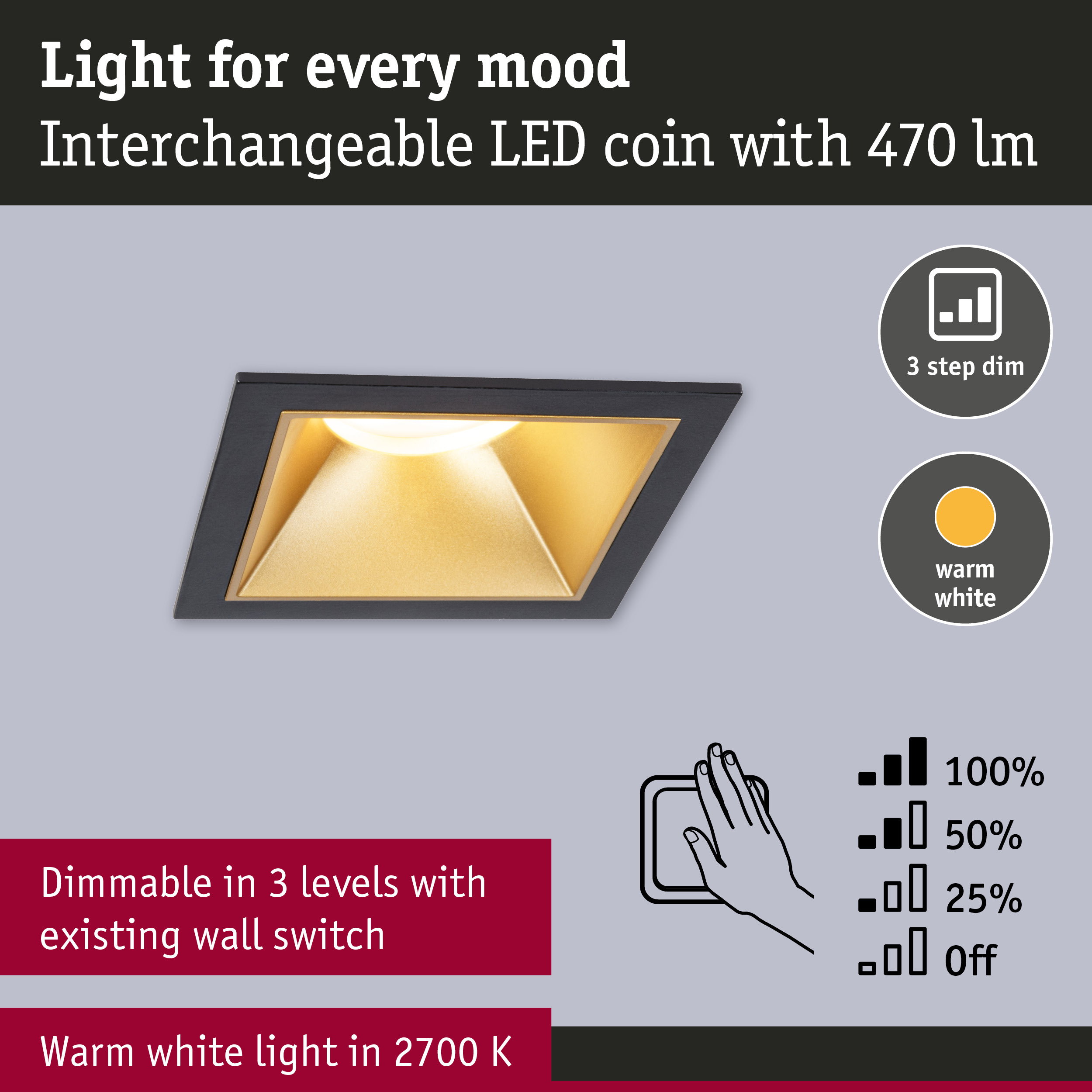 Black square LED recessed light with warm white illumination and three-step dimmable function