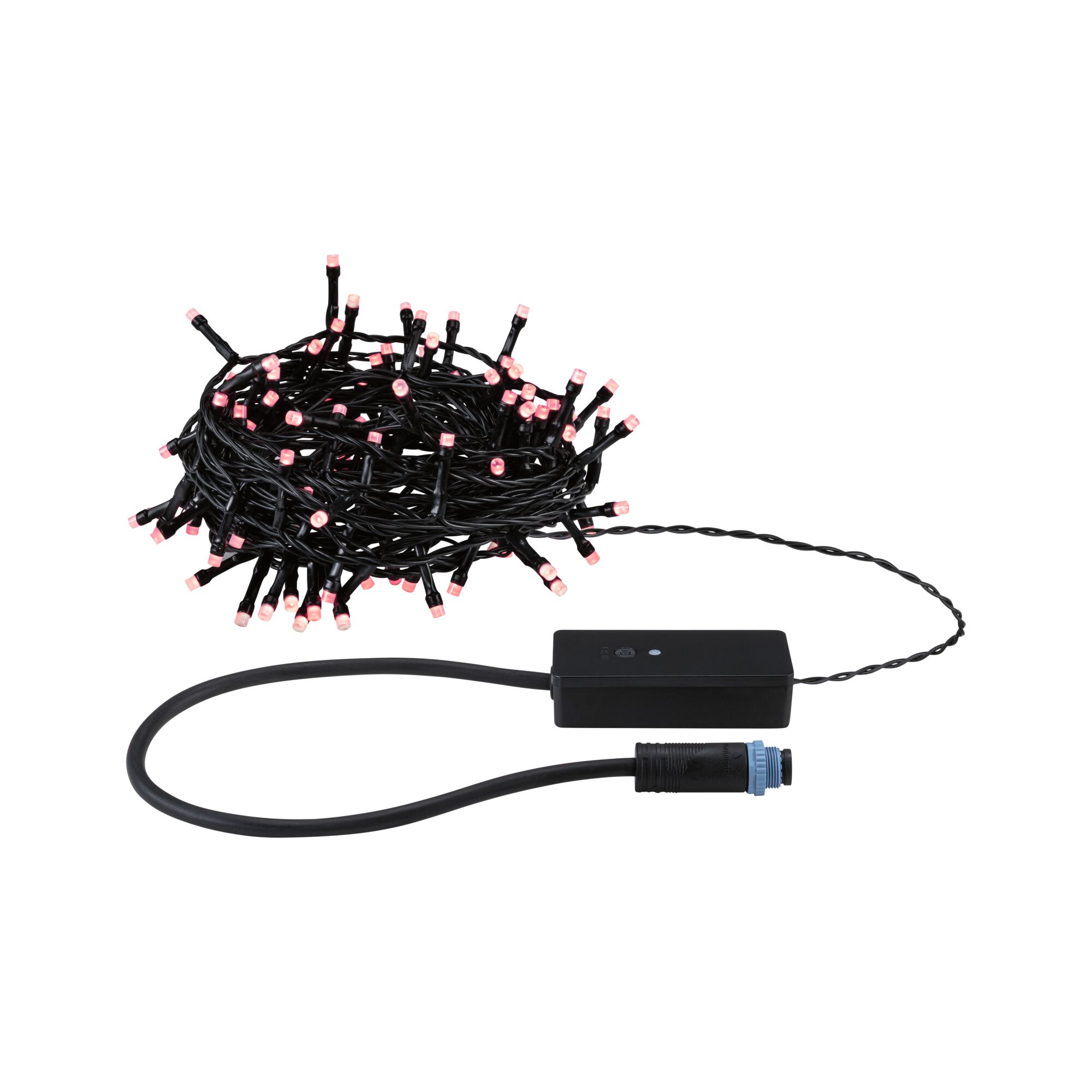 Schwarze LED-Lichterkette mit rosa Leuchtpunkten und Anschlusskabel für dekorative Beleuchtung
