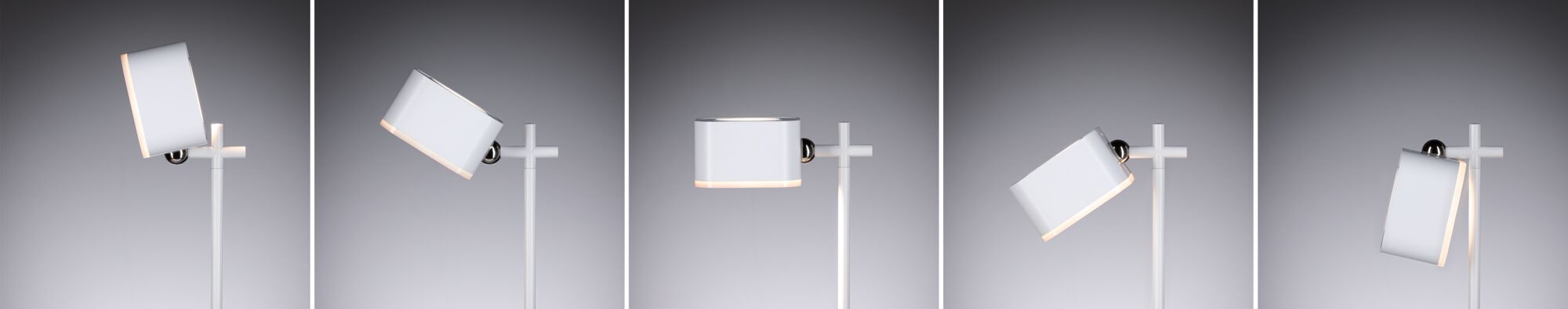 Lampadaire LED blanc moderne avec abat-jour réglable et accents métalliques pour intérieur.
