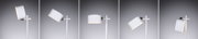 Modern white LED floor lamp with adjustable shade and metal accents for living spaces.