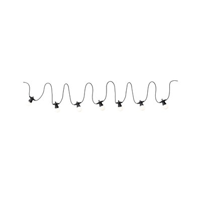 Black string lights with seven white LED bulbs for atmospheric outdoor lighting.