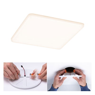 Quadratische weiße LED-Deckenleuchte mit einfacher Montage und Federklemmen für Wohnräume.