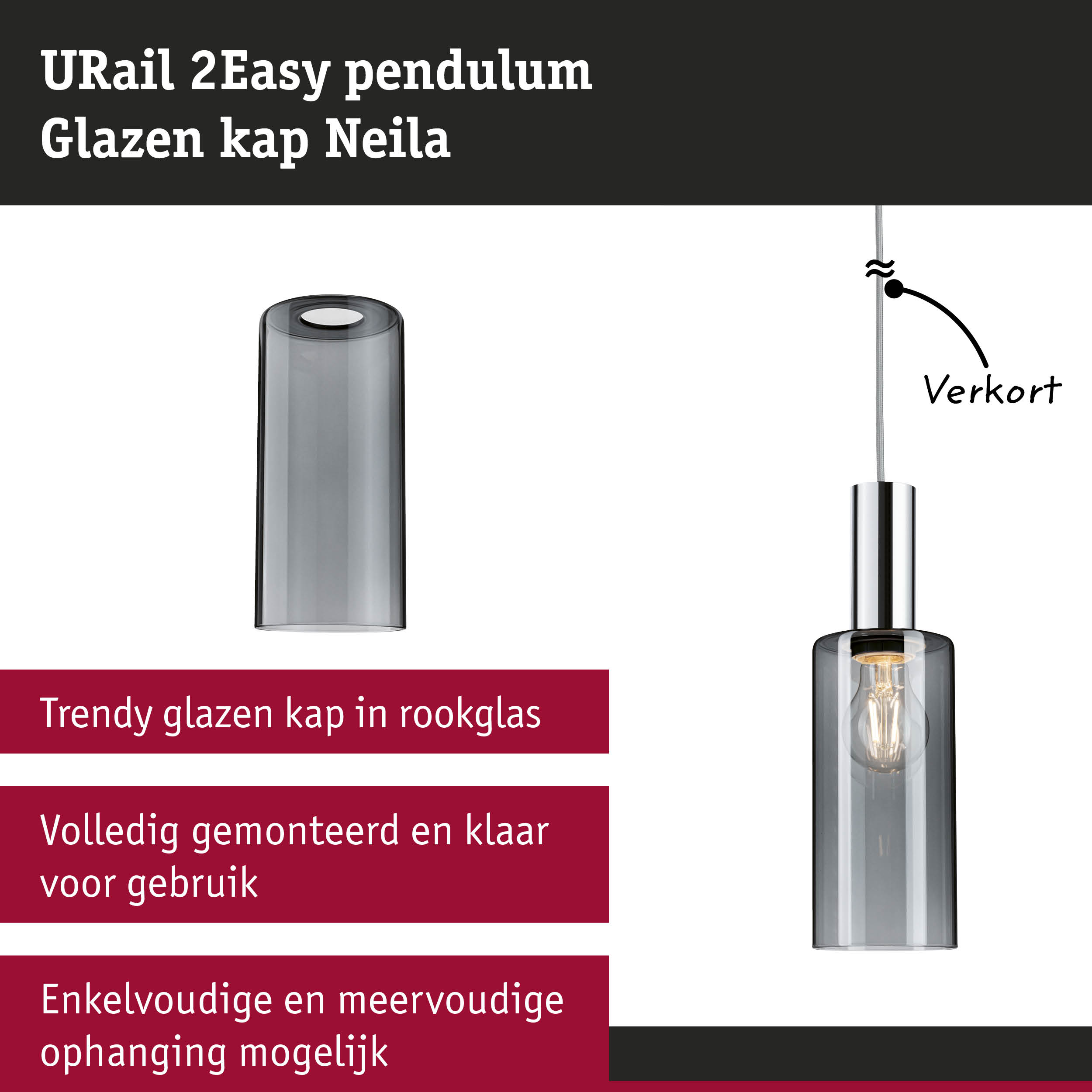 URail 2Easy hanglamp met rookglas kap en chroom metalen fitting voor moderne verlichting