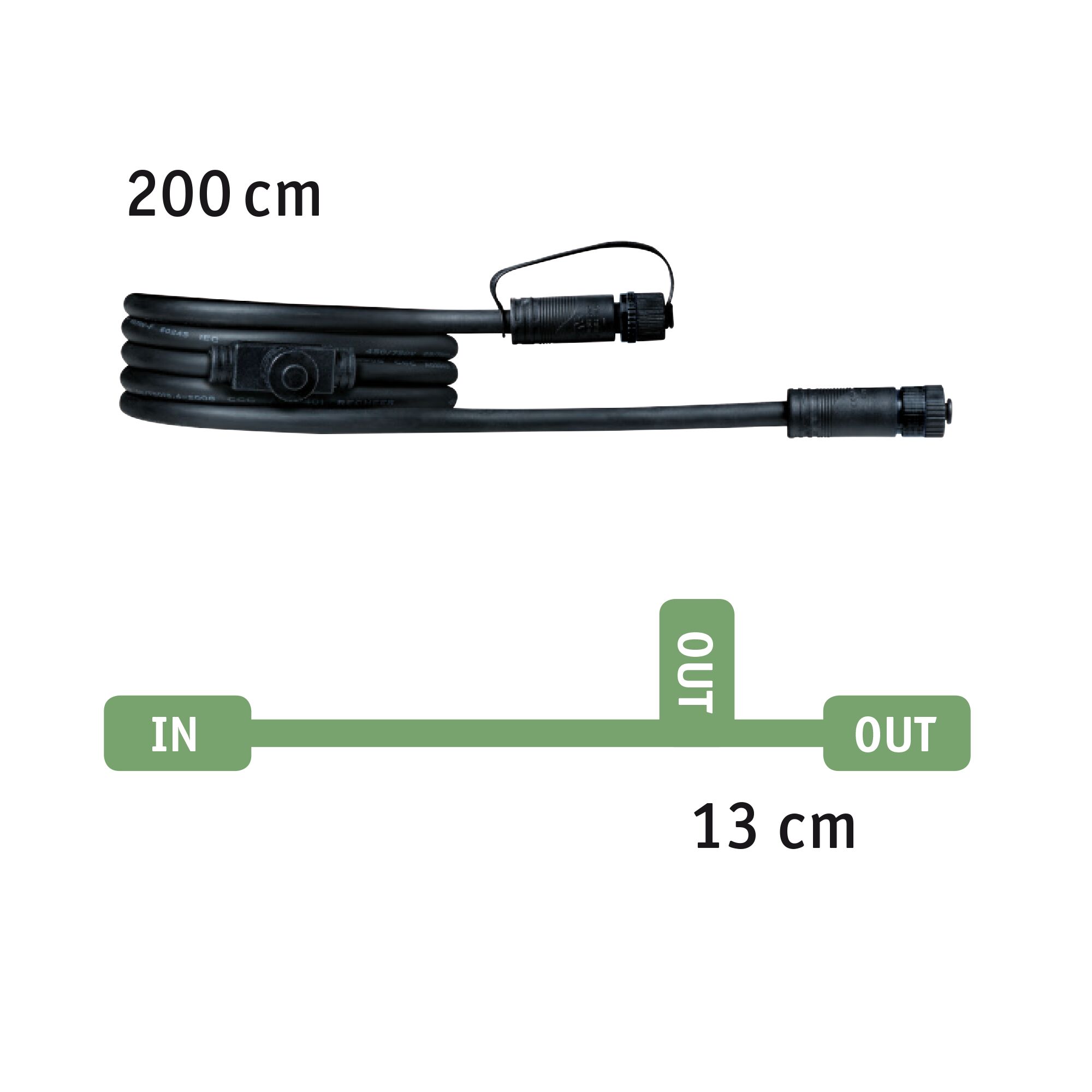 Sort 200 cm forbindelseskabel med vandtætte stik og 13 cm afgreningsledning