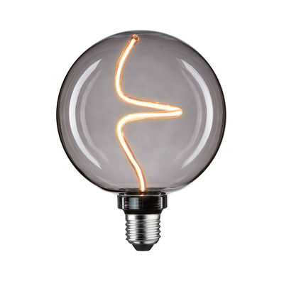 Round LED bulb with smoked glass and decorative curved filament for ambient lighting and modern design