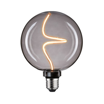 Round LED bulb with smoked glass and decorative curved filament for ambient lighting and modern design