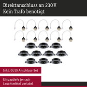 Schwarze Einbaustrahler mit GU10 Anschluss-Set und weißem Kabel für 230V Direktanschluss ohne Trafo