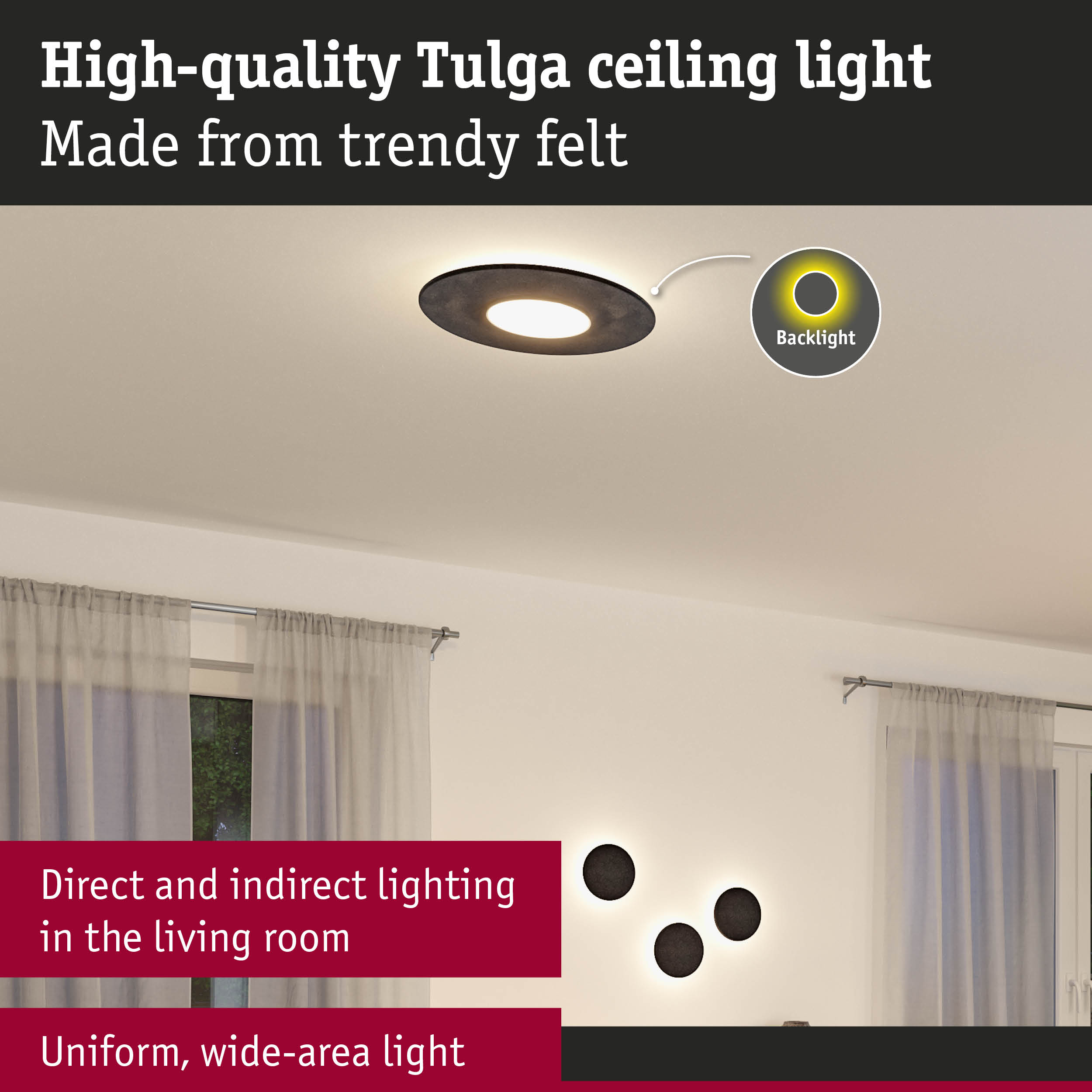 Tulga black felt ceiling light with indirect backlight for living room lighting