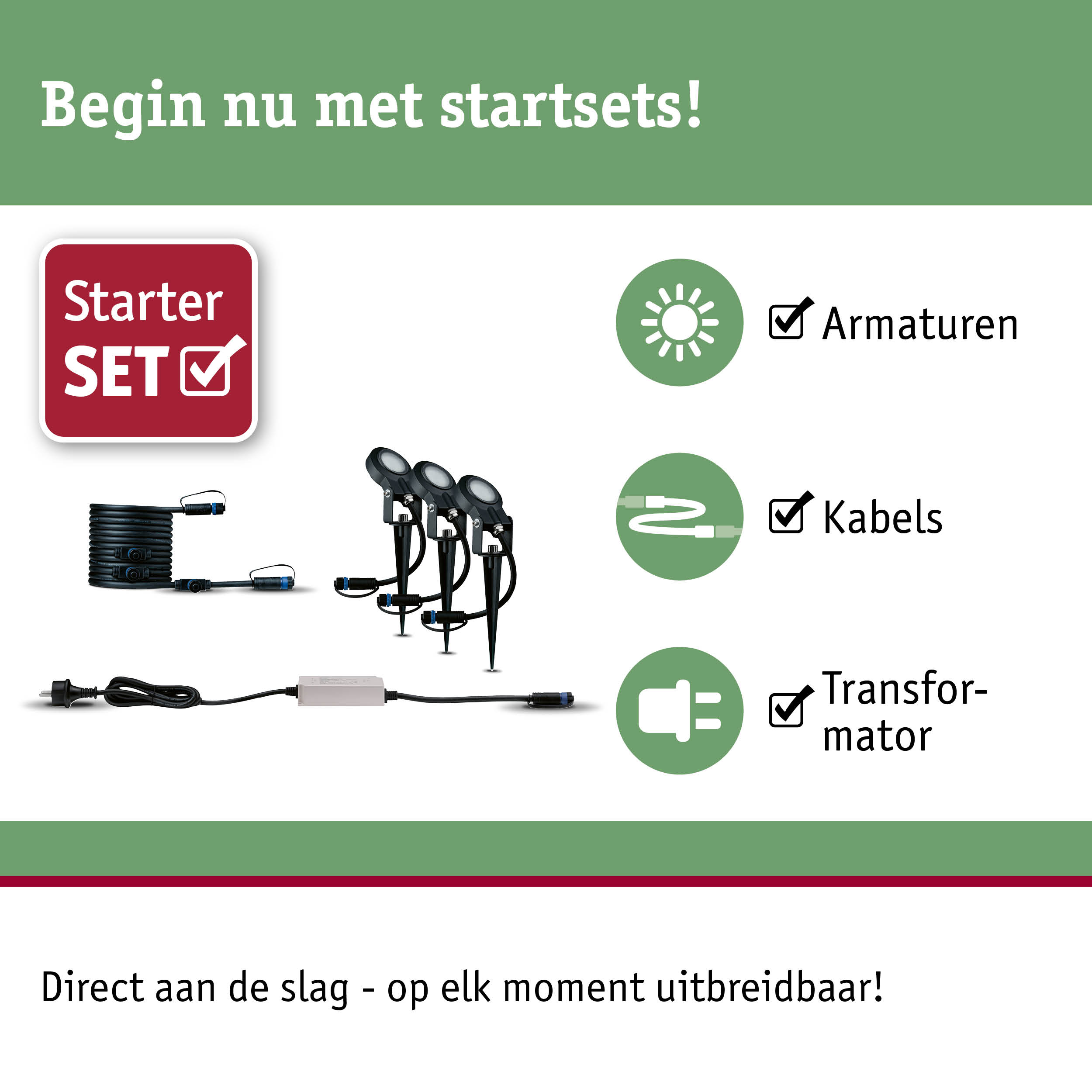 Starterset met zwarte LED-spots, kabels en transformator voor flexibele buitenverlichting