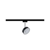 Black metal LED spotlight with white diffuser on black track for modern indoor lighting