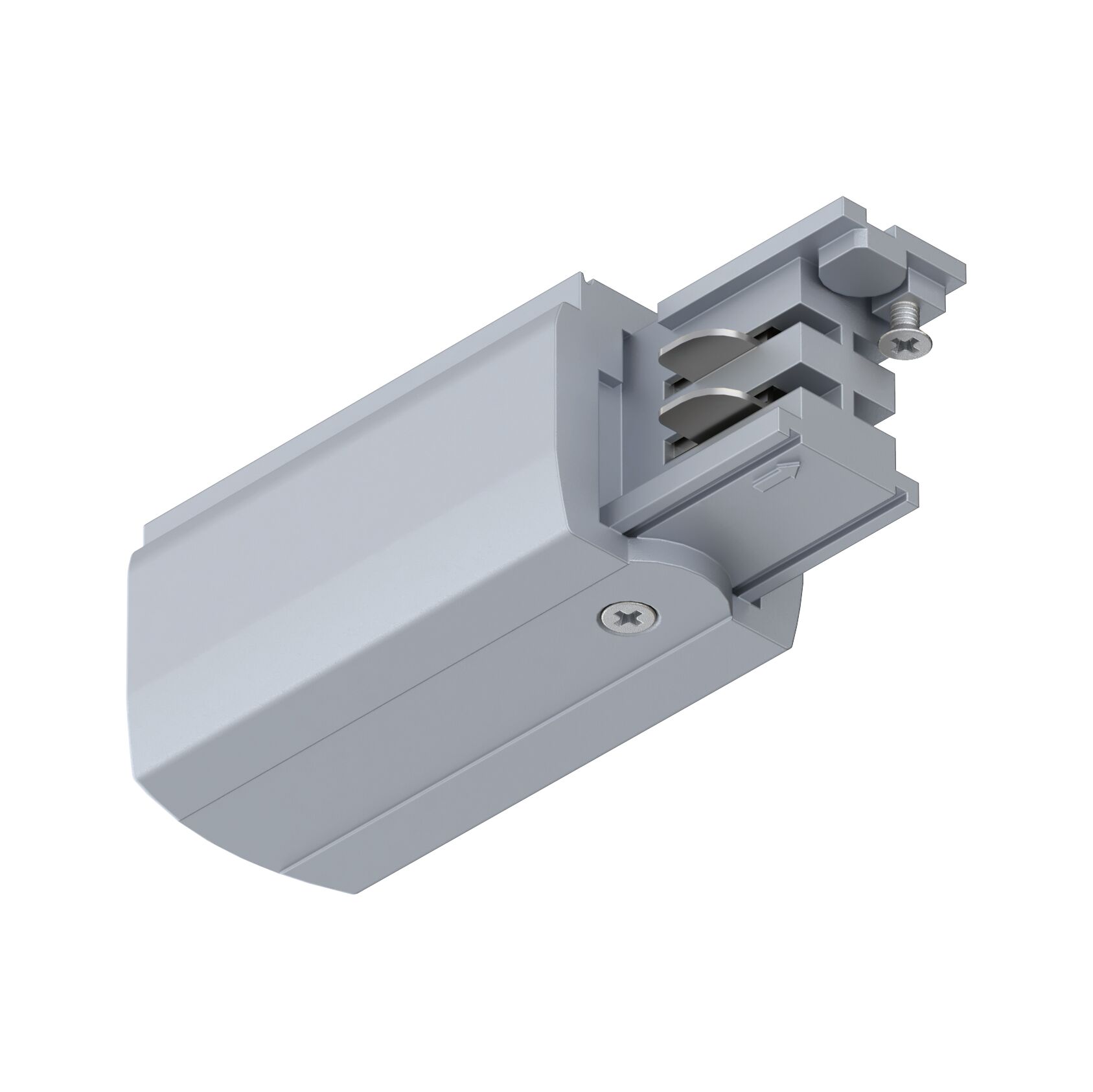 Grey aluminum adapter for track system with screws, suitable for LED track lighting installation.