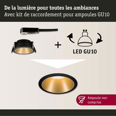 Spot encastré noir avec réflecteur doré et kit de raccordement pour ampoules LED GU10