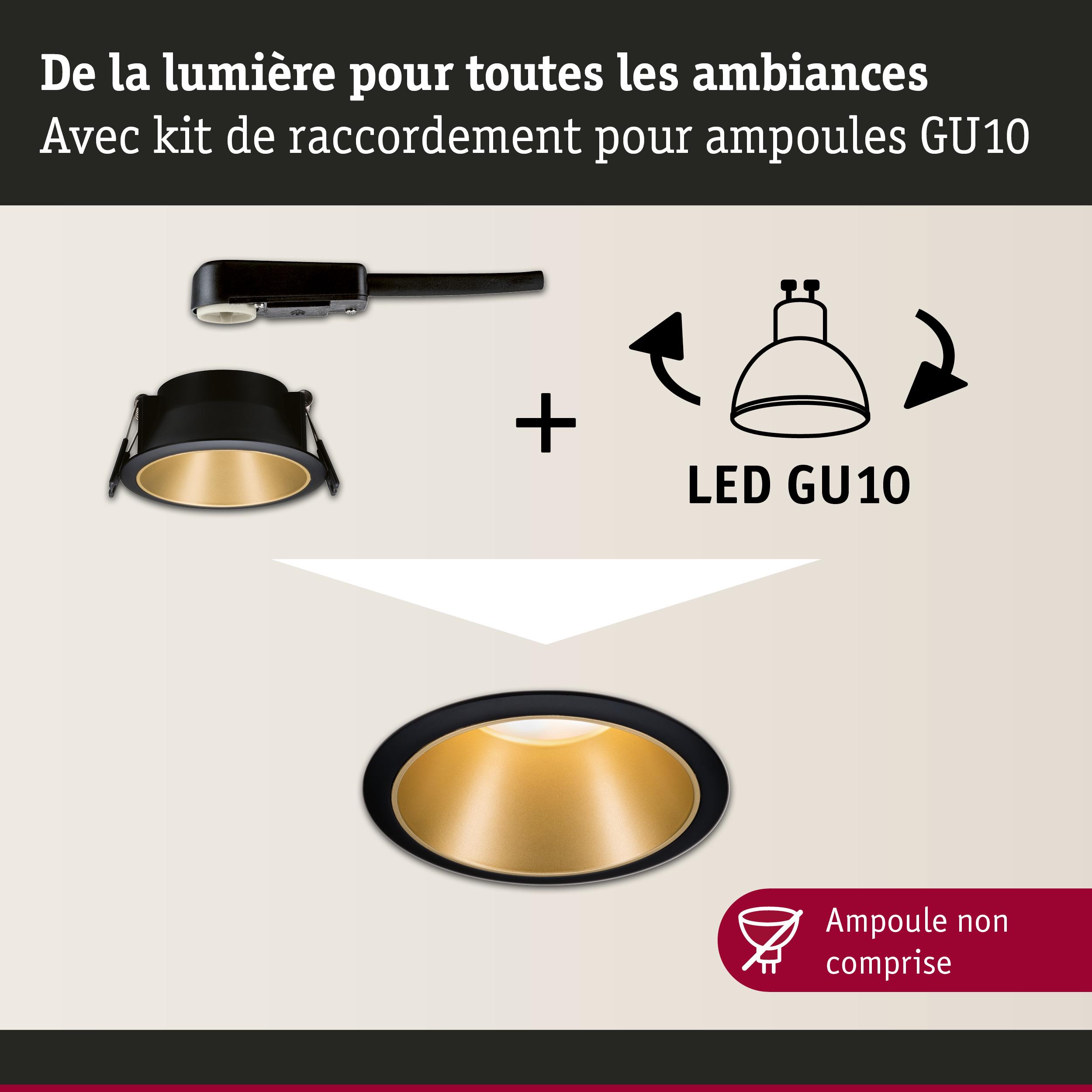 Spot encastré noir avec réflecteur doré et kit de raccordement pour ampoules LED GU10