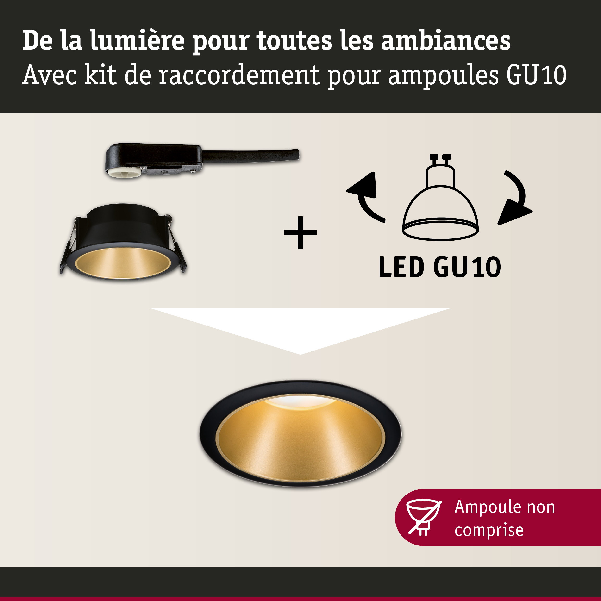 Spot encastré noir avec réflecteur doré et kit de raccordement LED GU10 pour ampoules LED
