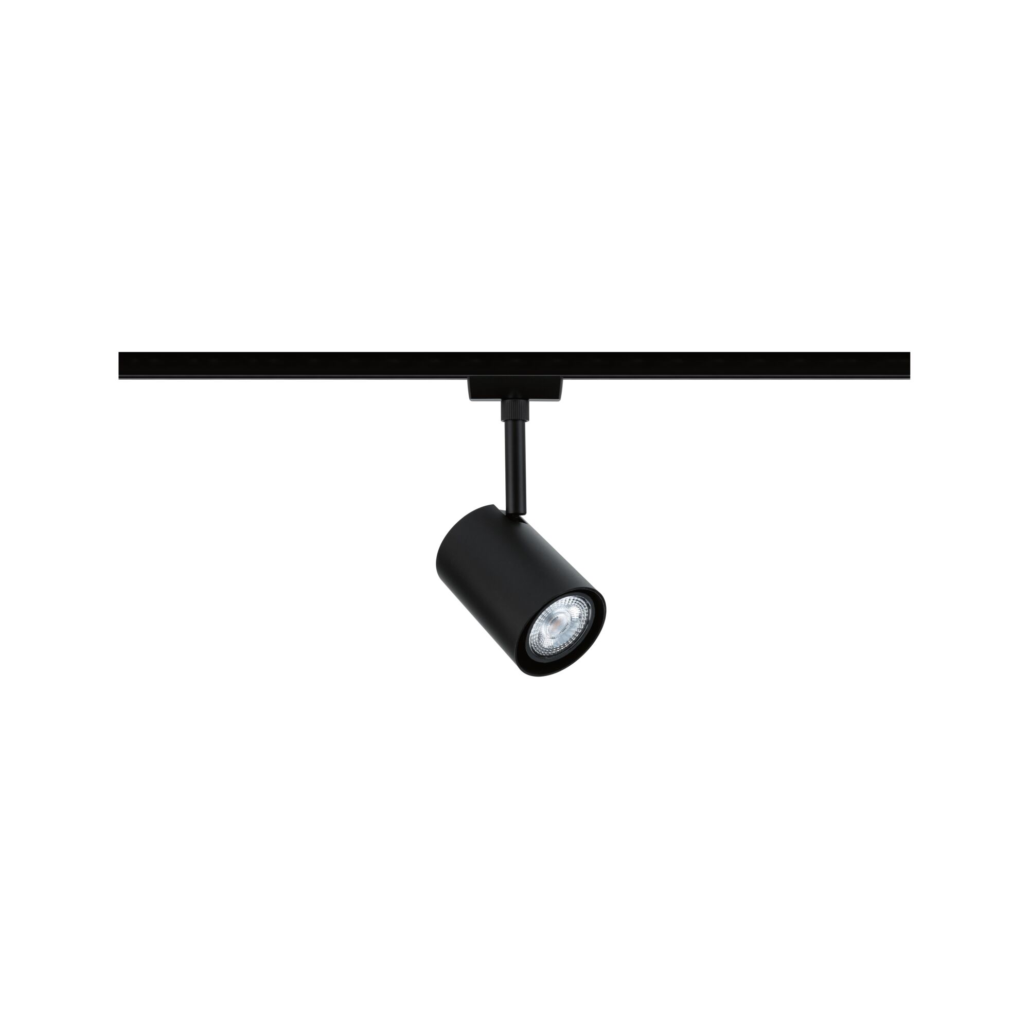 Schwarzer LED-Spot aus Metall an Schienensystem für flexible Beleuchtung im Innenraum