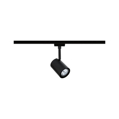 Schwarzer LED-Spot aus Metall an Schienensystem für flexible Beleuchtung im Innenraum