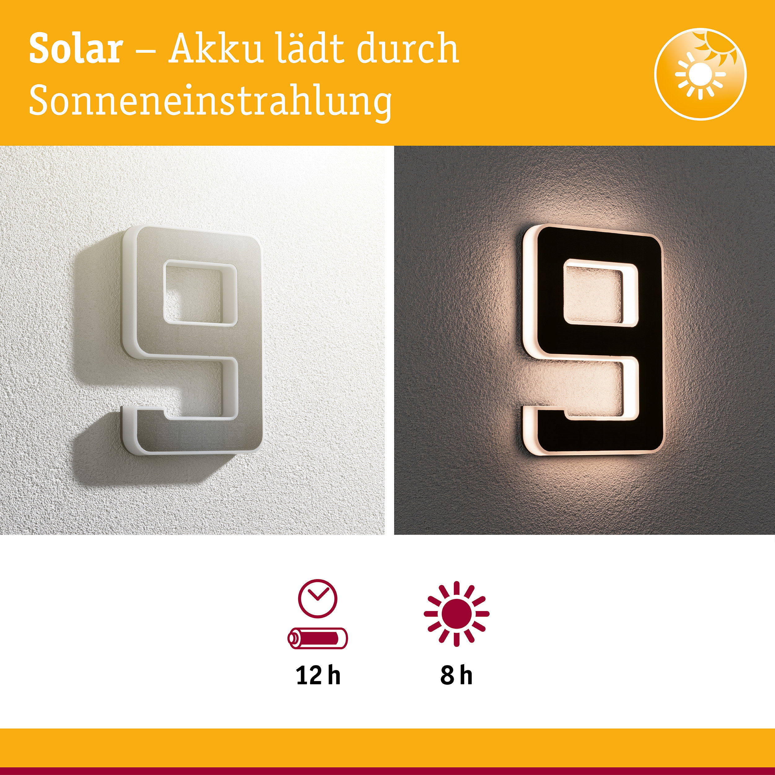 Solar LED Hausnummernleuchte inkl. wechselbarer Akku Nummer 9 IP44 3000K 6lm Schwarz