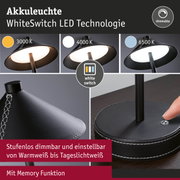 Schwarze Akkuleuchte mit WhiteSwitch LED-Technologie und dimmbaren Farbtemperaturen von 3000K bis 6500K