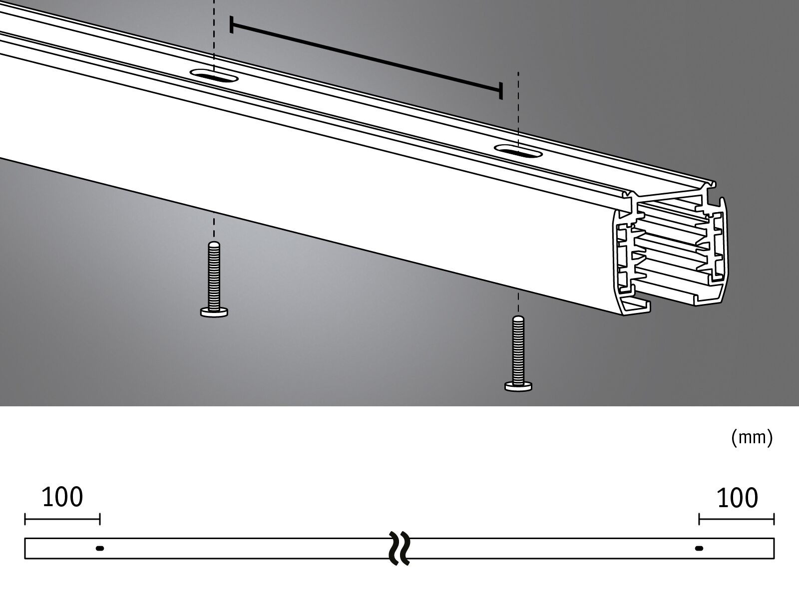 Technical drawing of white aluminum profile with screws and measurements in millimeters.