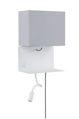 White wall lamp with grey fabric shade and flexible metal reading arm for modern lighting