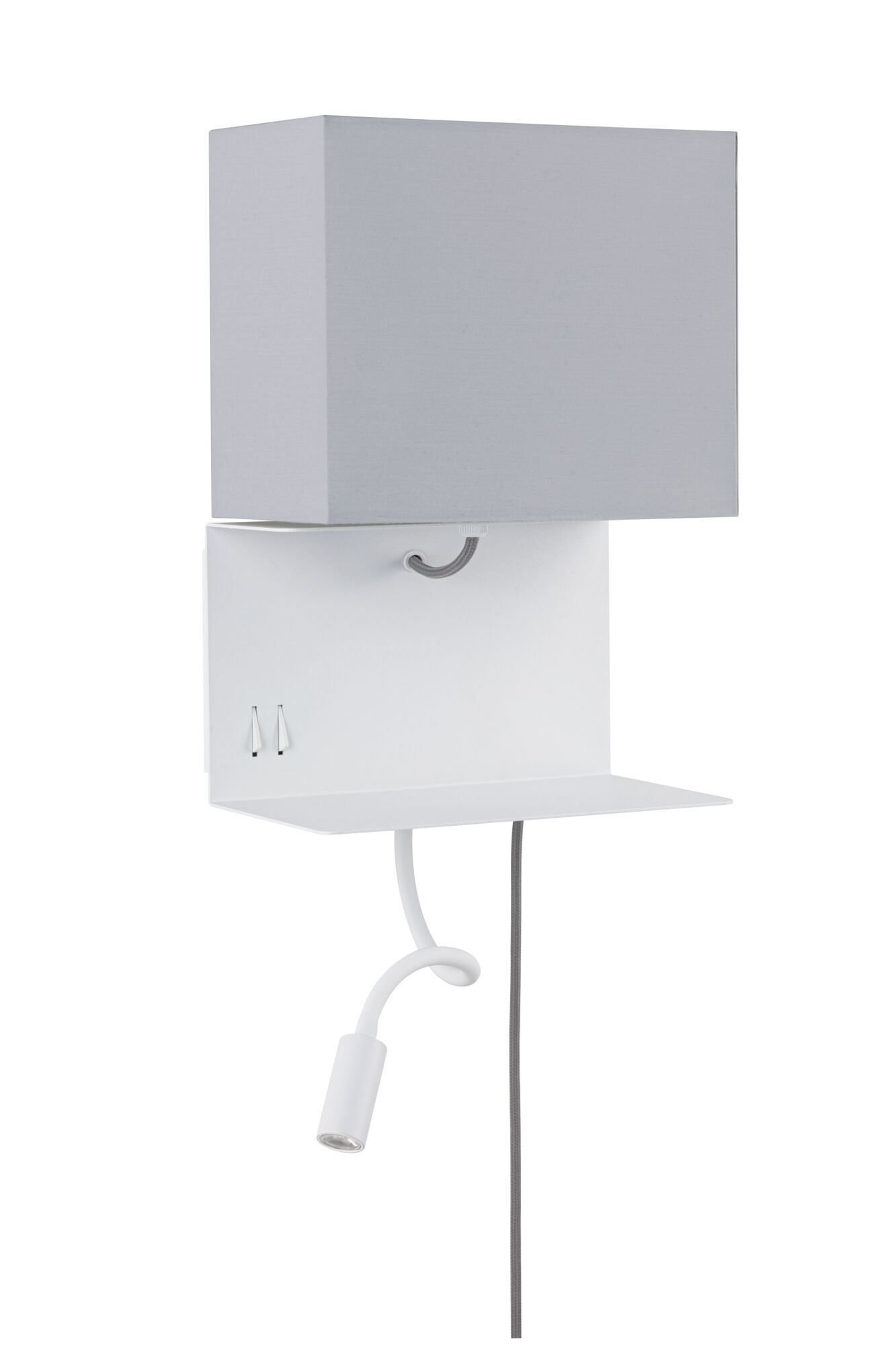 White wall lamp with grey fabric shade and flexible metal reading arm for modern lighting