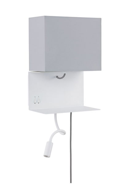 White wall lamp with grey fabric shade and flexible metal reading arm for modern lighting