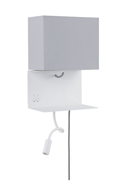 Weiße Wandlampe mit grauem Stoffschirm und flexiblem Lesearm aus Metall für modernes Lichtdesign