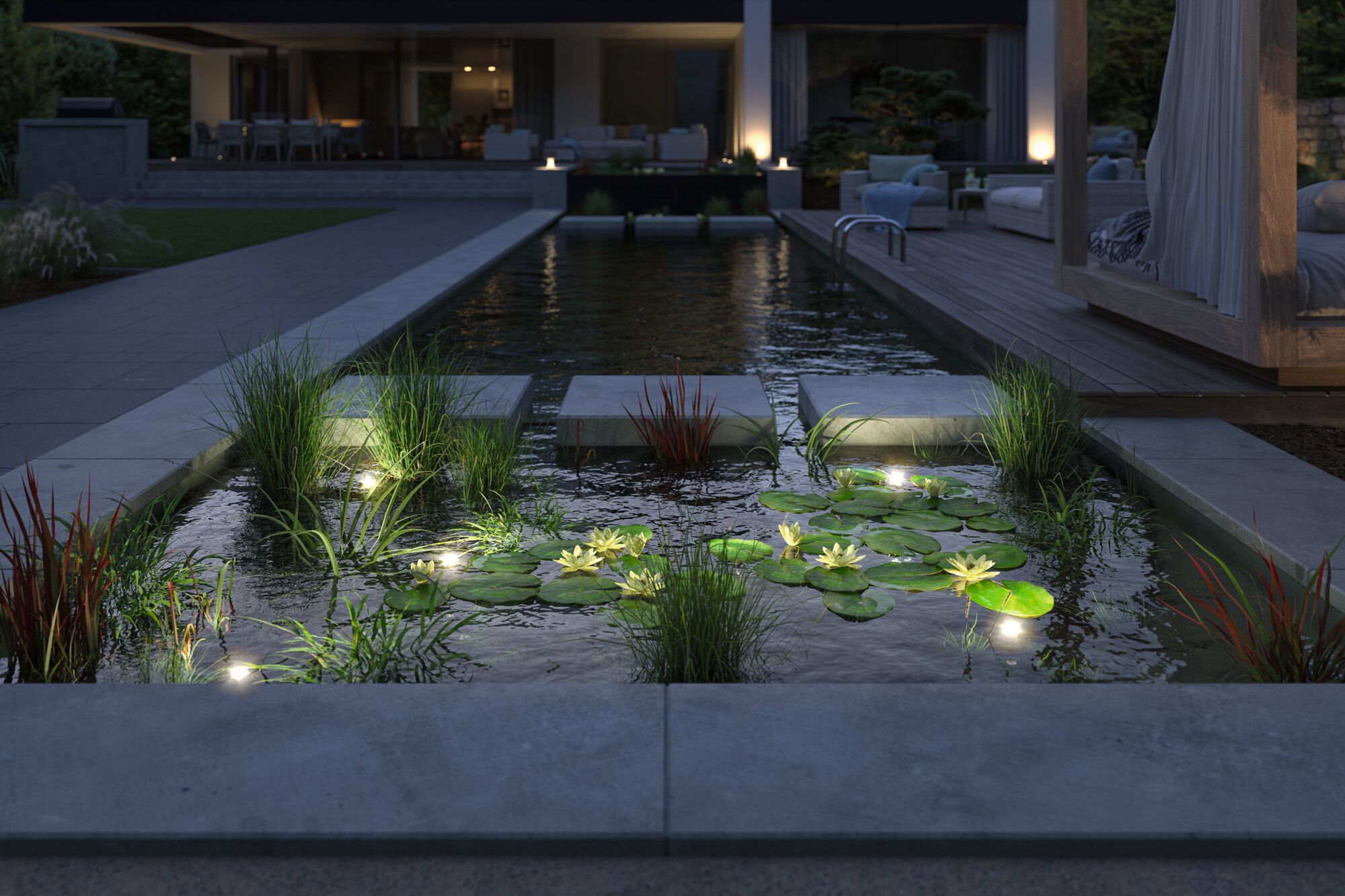 Illuminated garden pond with water lilies and stones in modern outdoor area featuring LED garden lights.