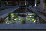 Beleuchteter Gartenteich mit Seerosen und Steinen in modernem Außenbereich mit LED-Gartenbeleuchtung.