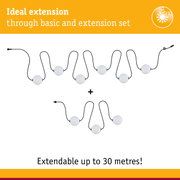 Extension cable with white globe lights and black wire, extendable up to 30 metres for outdoor lighting