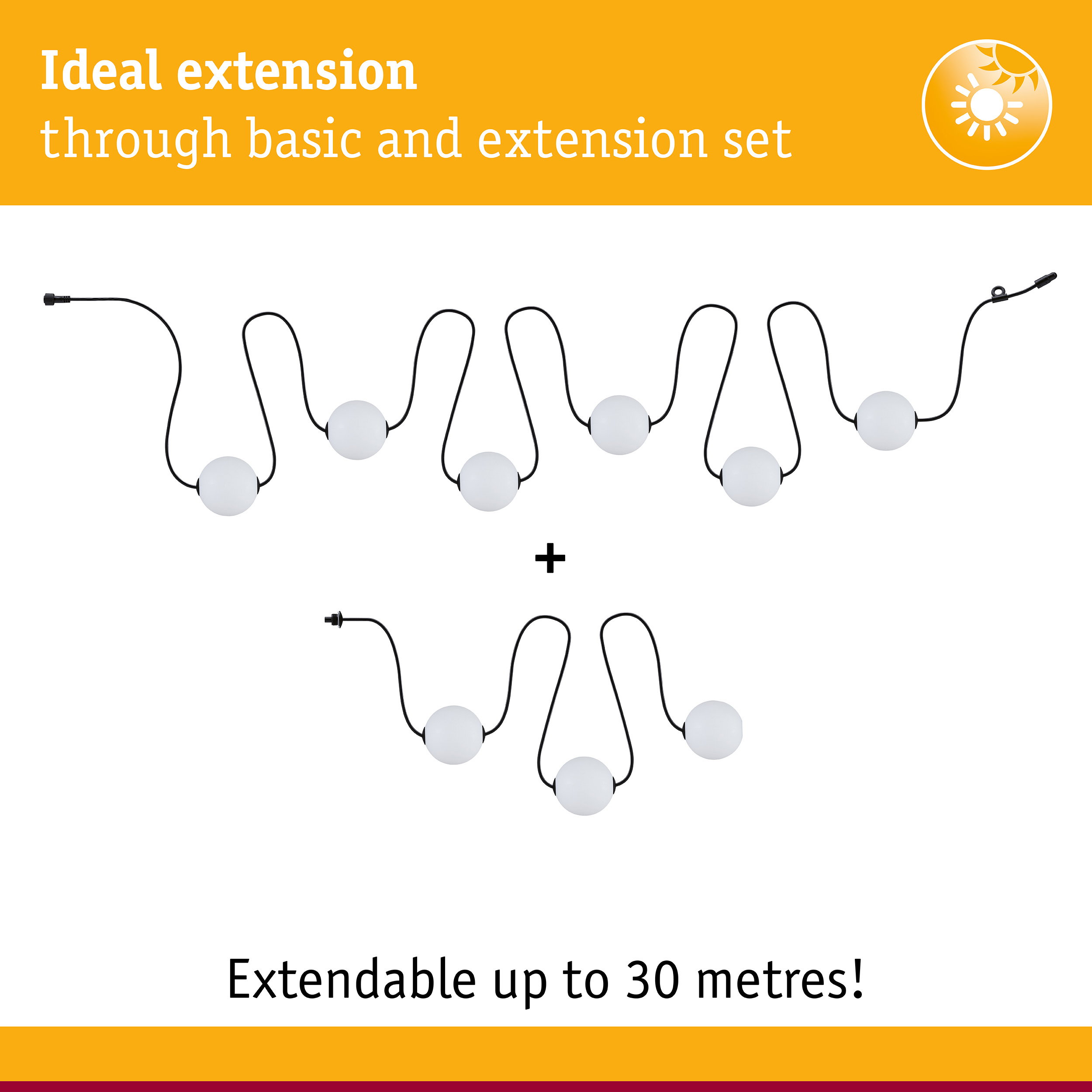 Extension cable with white globe lights and black wire, extendable up to 30 metres for outdoor lighting