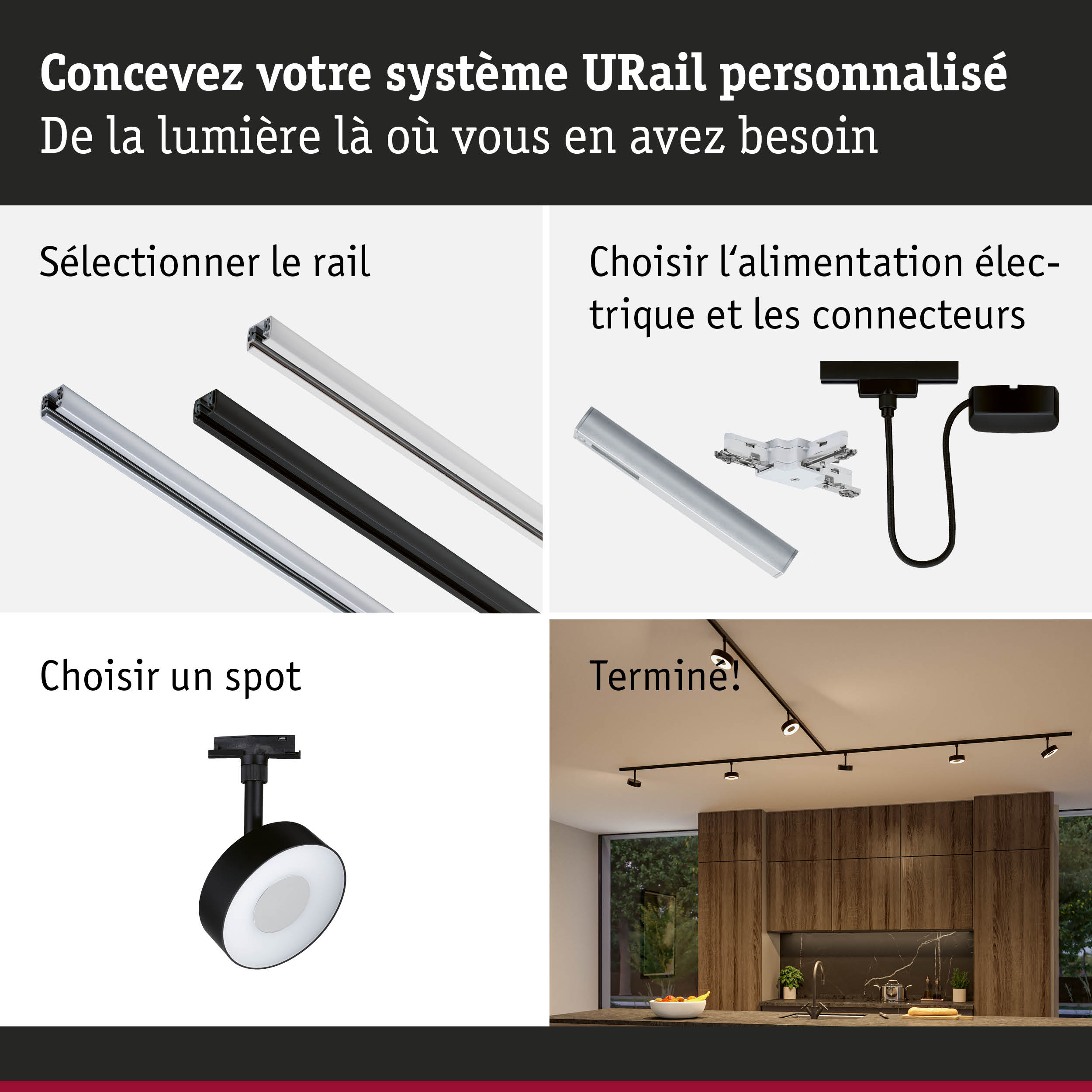 Système de rail URail modulaire noir et blanc avec spots LED pour un éclairage flexible