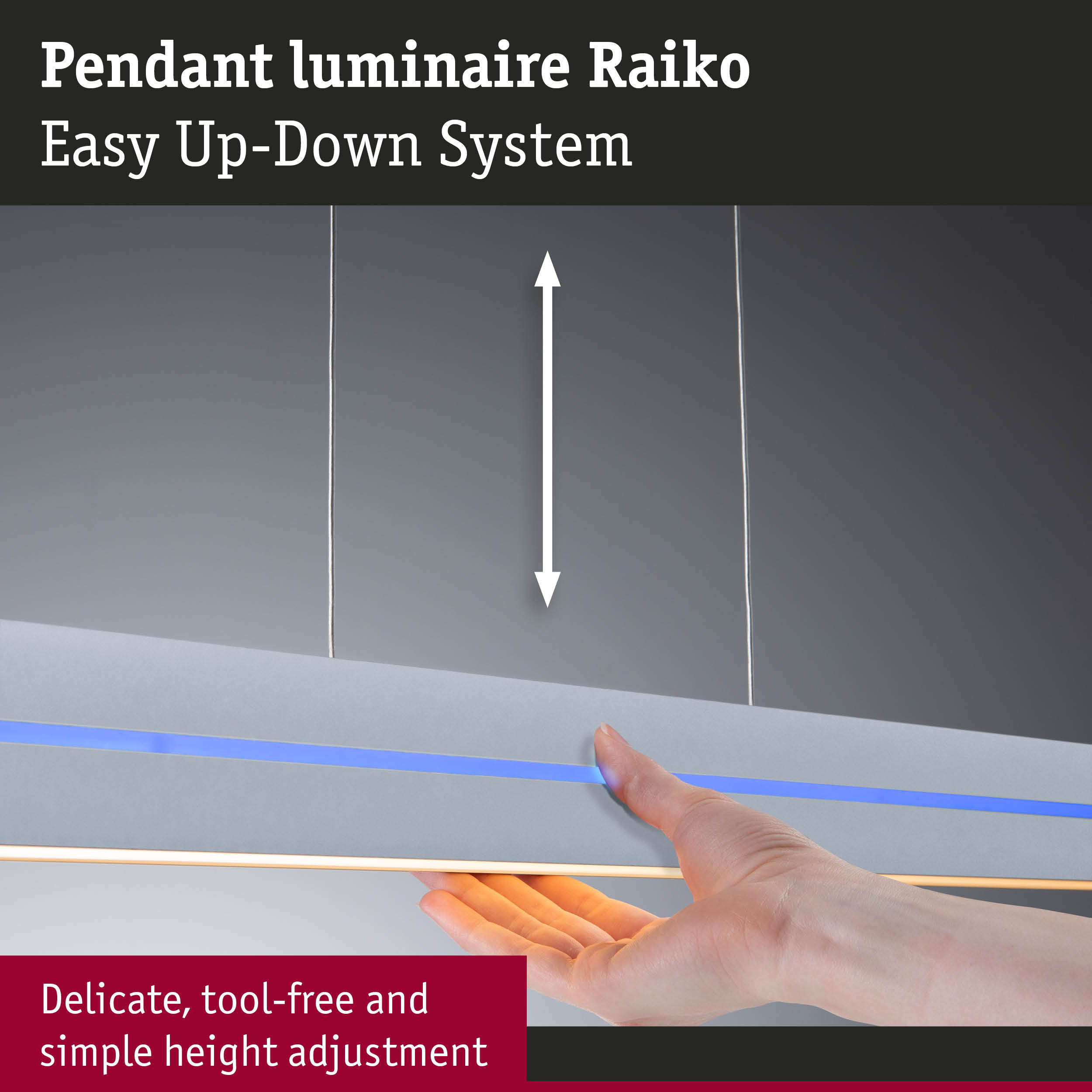 Raiko pendant luminaire with easy height adjustment system, grey with blue LED strip lighting