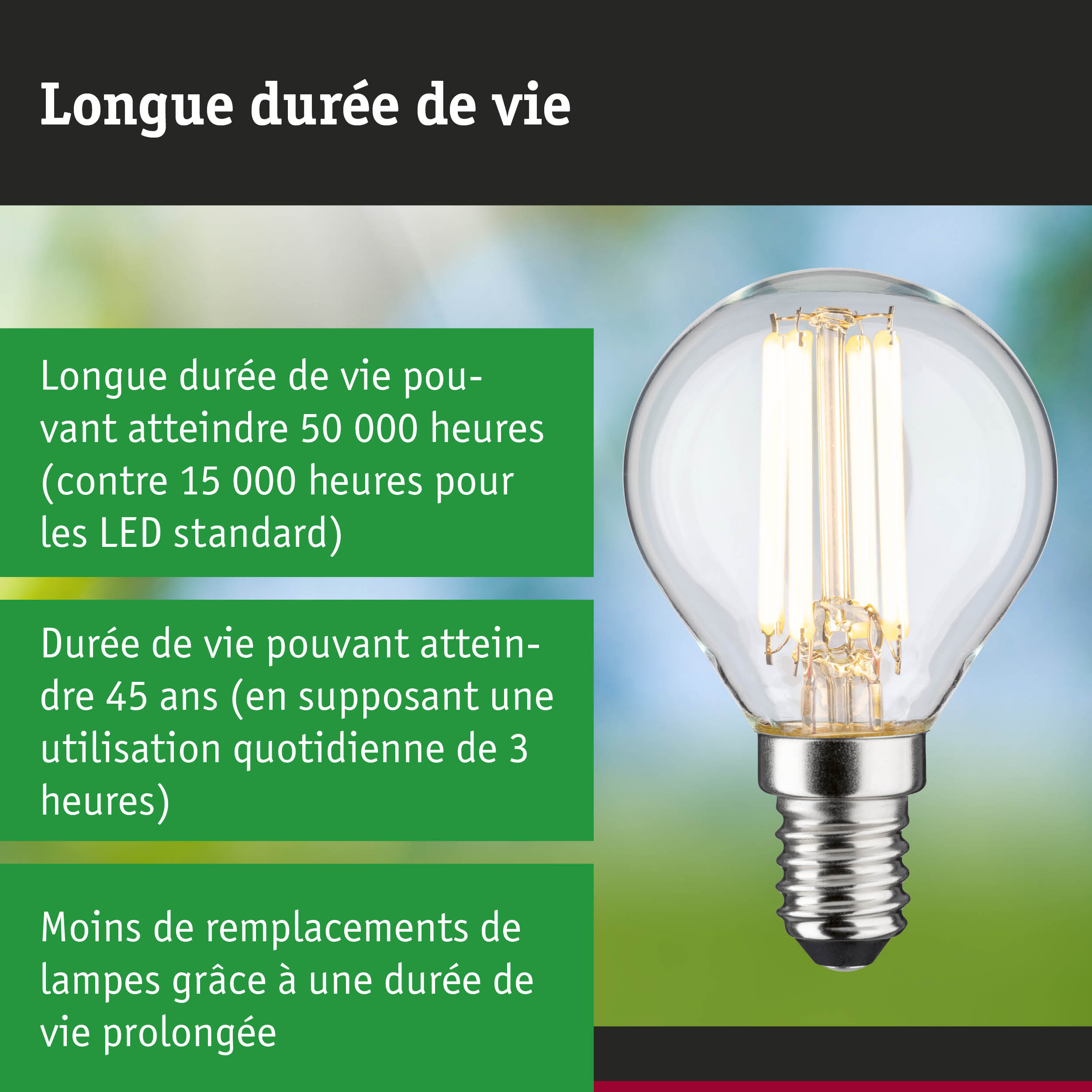 Ampoule LED avec durée de vie 3,5 fois plus longue qu’une lampe traditionnelle, éclairage durable