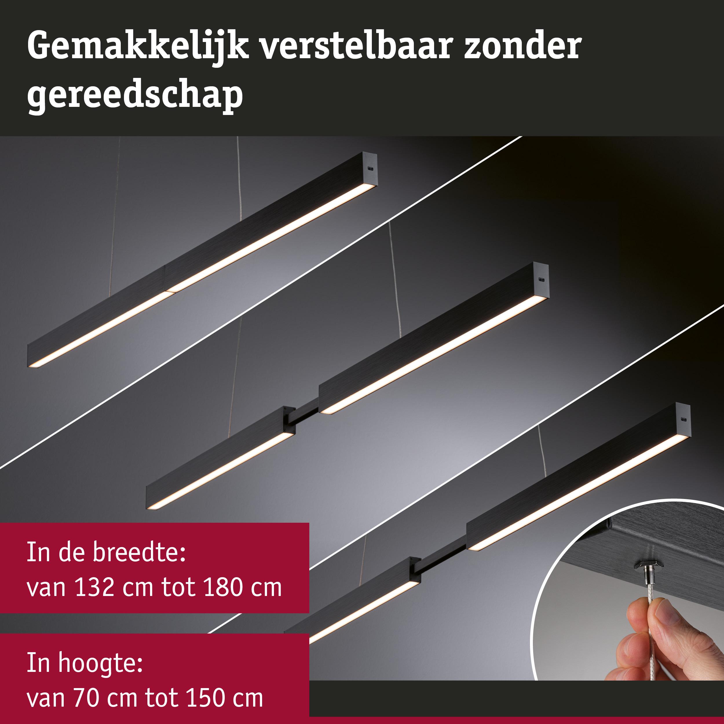 Verstelbare zwarte metalen LED-hanglamp, breedte 132 tot 180 cm, hoogte 70 tot 150 cm, moderne verlichting