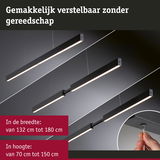 Verstelbare zwarte metalen LED-hanglamp, breedte 132 tot 180 cm, hoogte 70 tot 150 cm, moderne verlichting