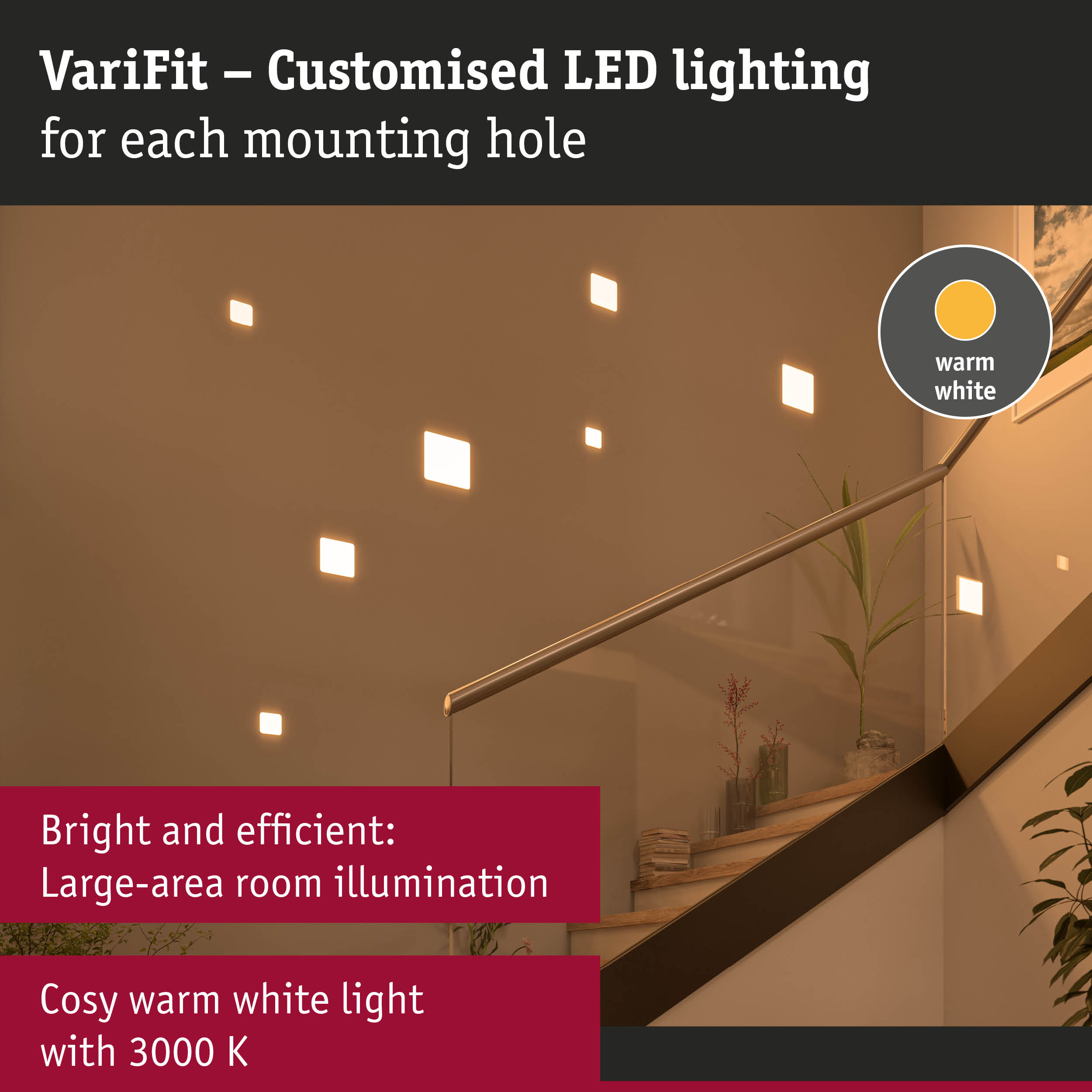 VariFit warm white LED wall lights for staircase with bright, efficient large-area room illumination