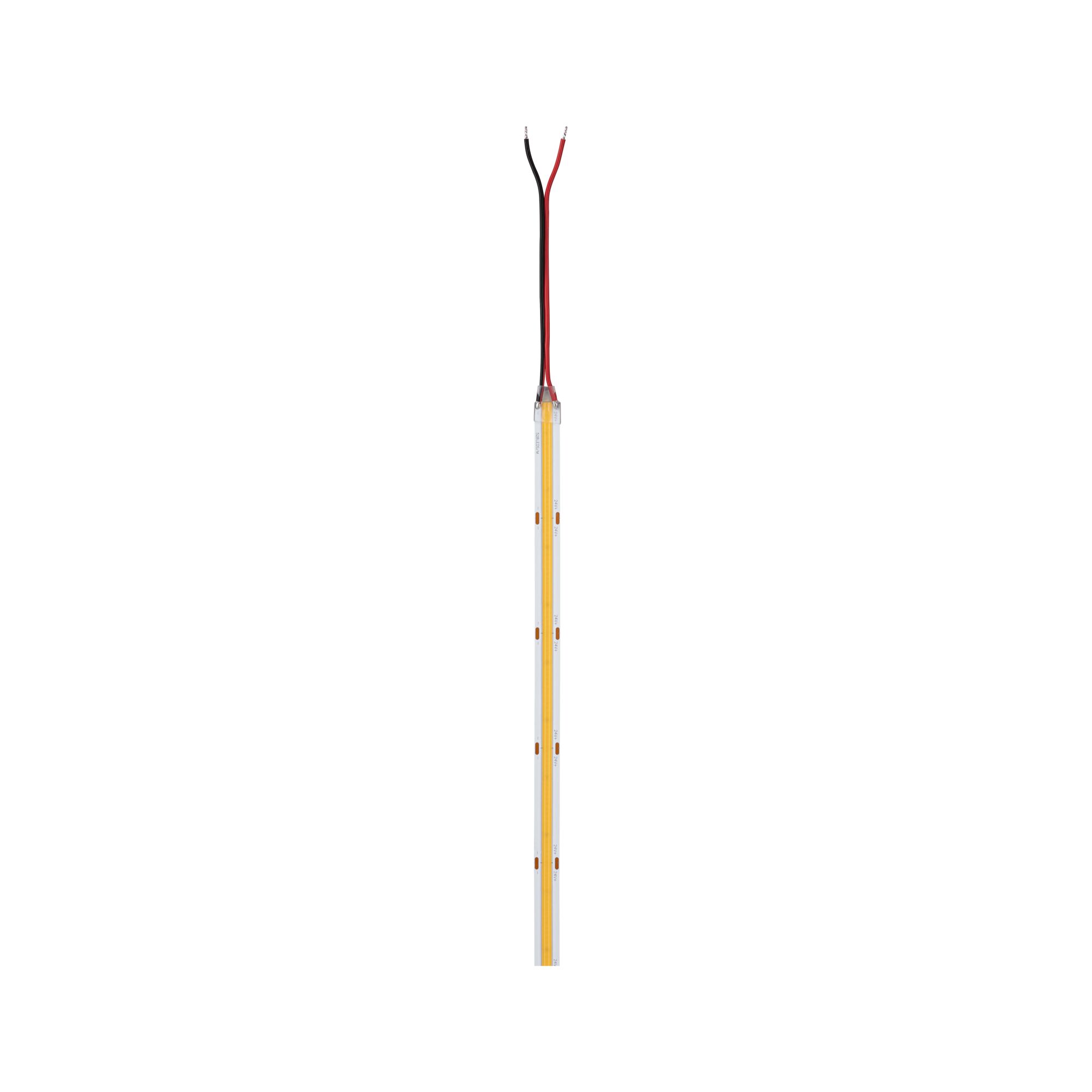 Slim LED light strip with transparent casing and red and black connection wires for lighting use.