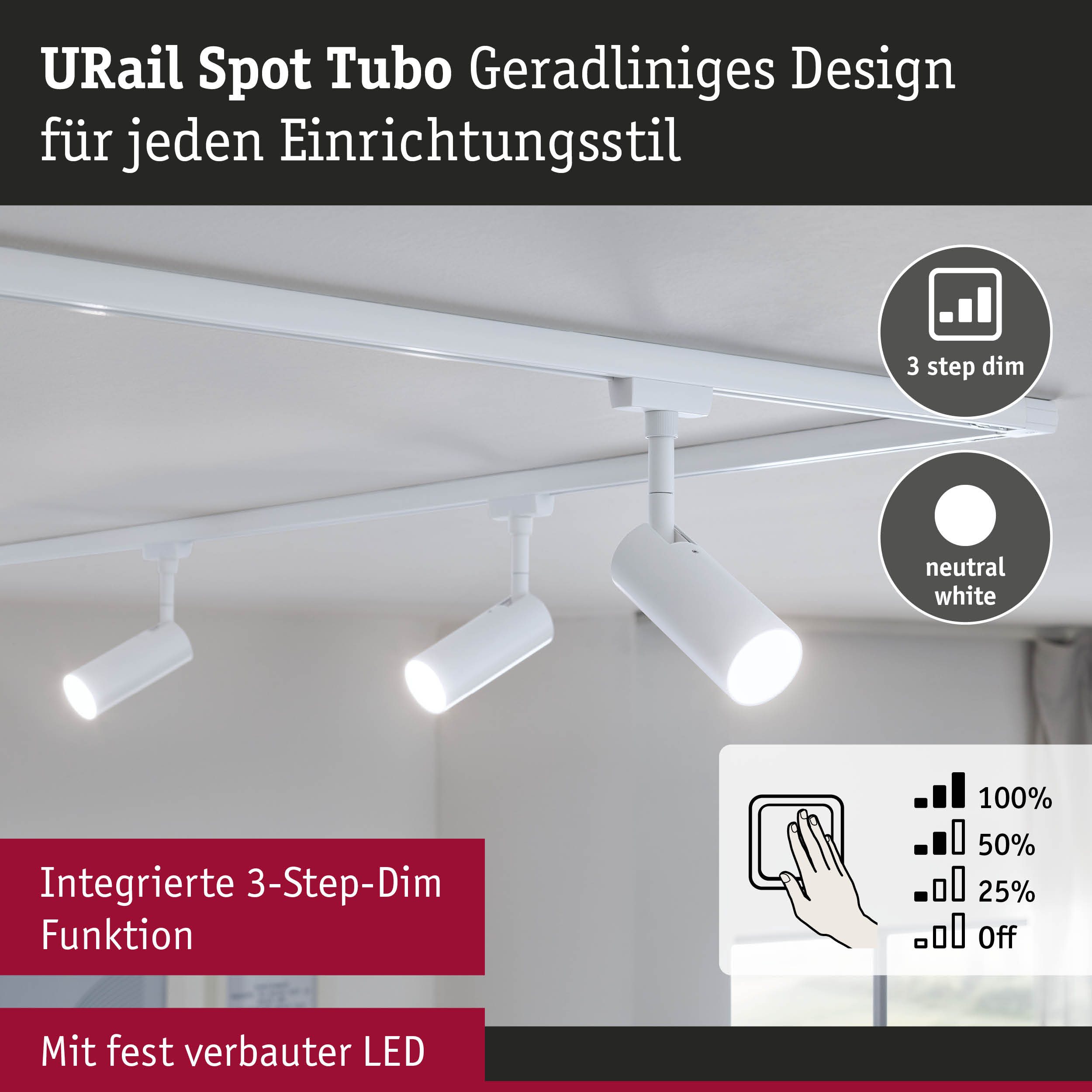 Weißer URail Spot Tubo LED-Strahler mit 3-Stufen-Dimmfunktion und neutralweißem Licht