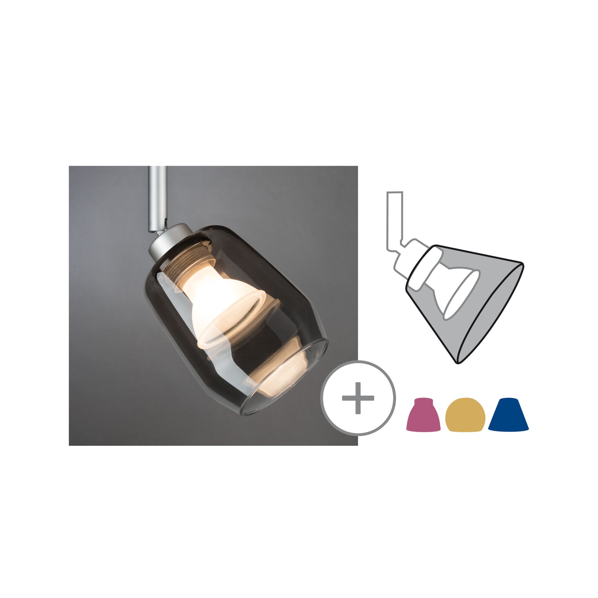 Moderne Deckenleuchte mit rauchgrauem Glas und silbernem Metall, dimmbare LED-Spotbeleuchtung
